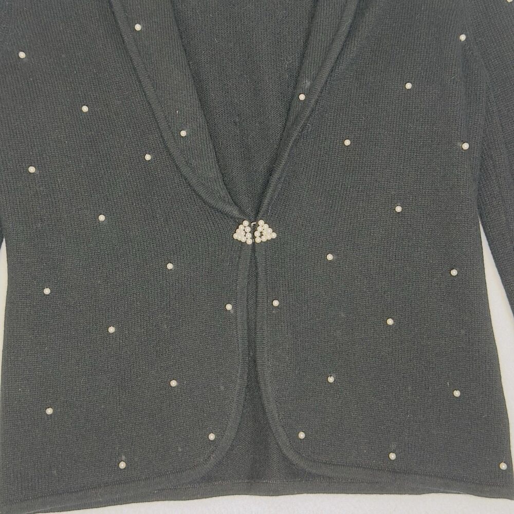 Vintage Jones NY Pearl Beaded Cardigan Sz Petite Small Black Wool Blend Coquette - Picture 8 of 12